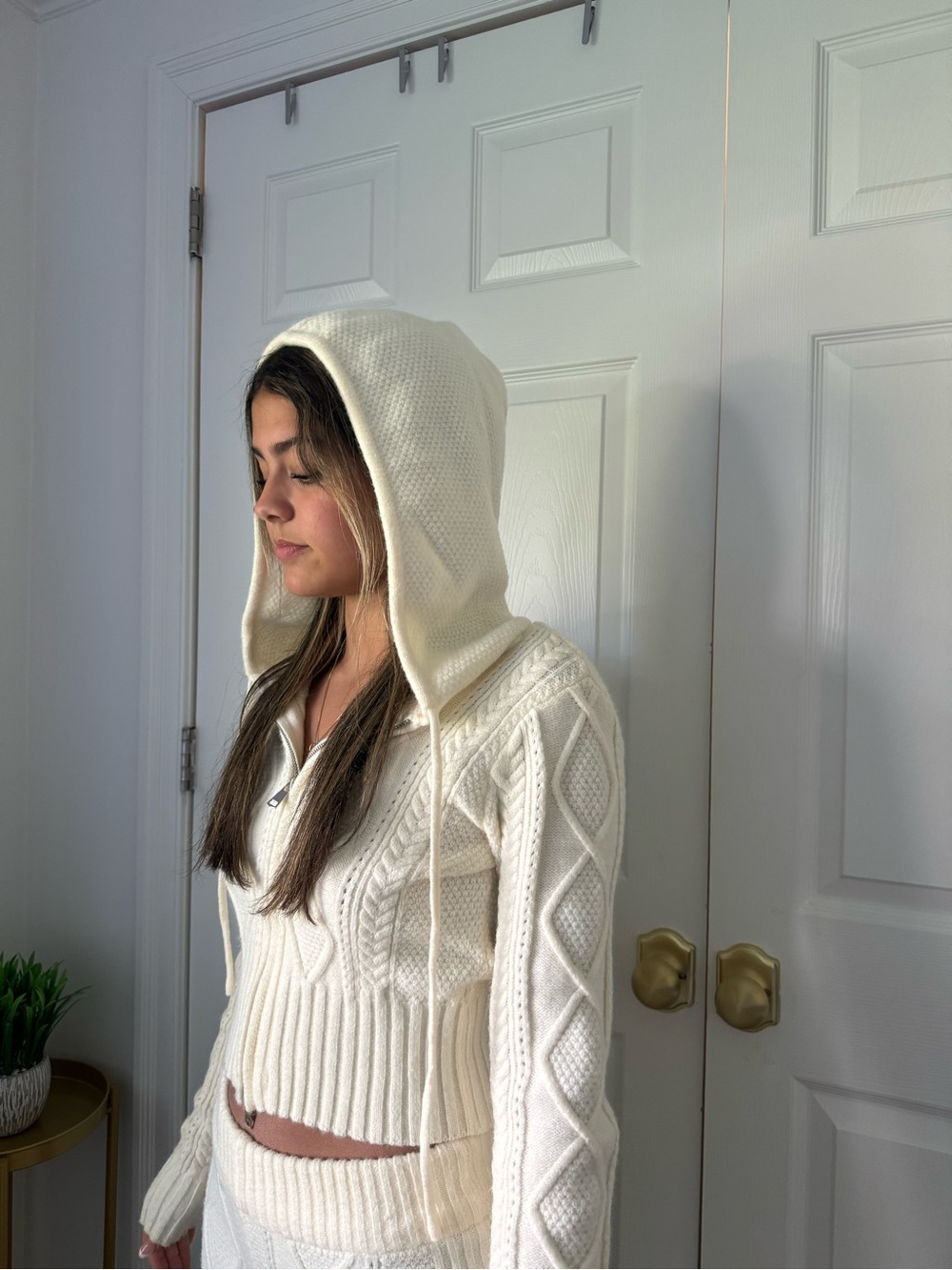 Edikted Cream Cable-Knit Hooded Zip Sweater